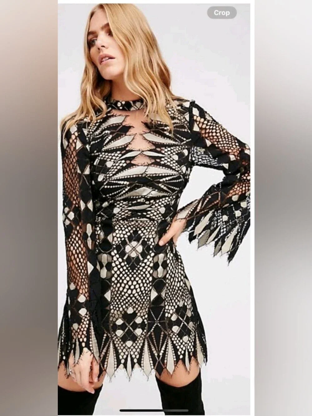 Free People Deco Lace Mini Dress Black Nude Size 2 Bell Sleeve Geometric Boho
